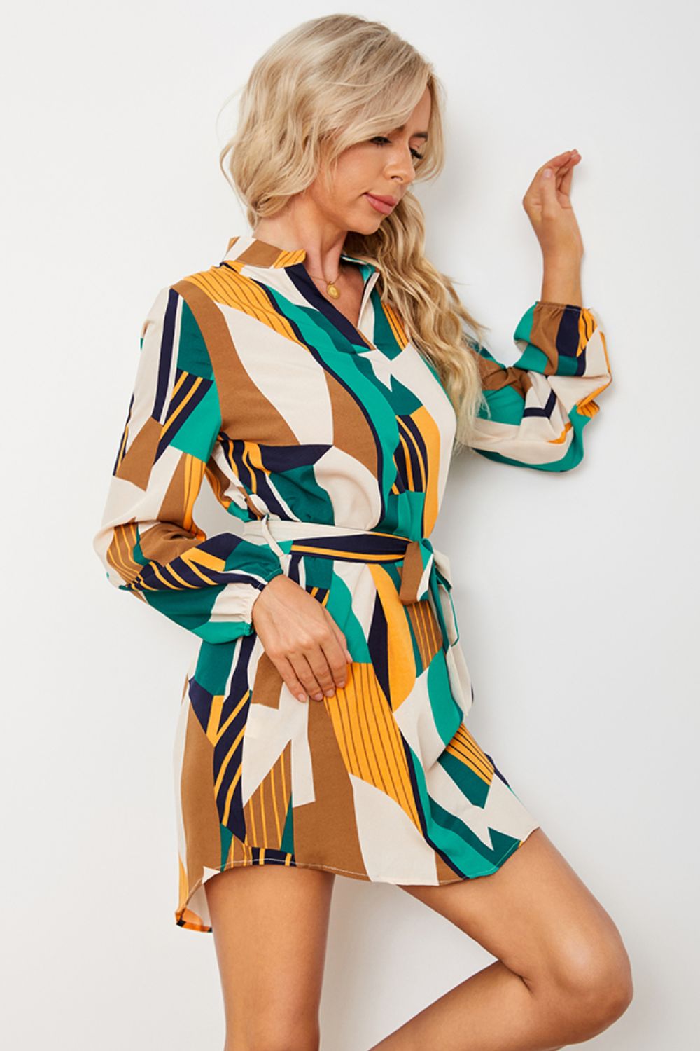 Geometric Print Belted Curved Hem Dress (BWD)(WS06)T
