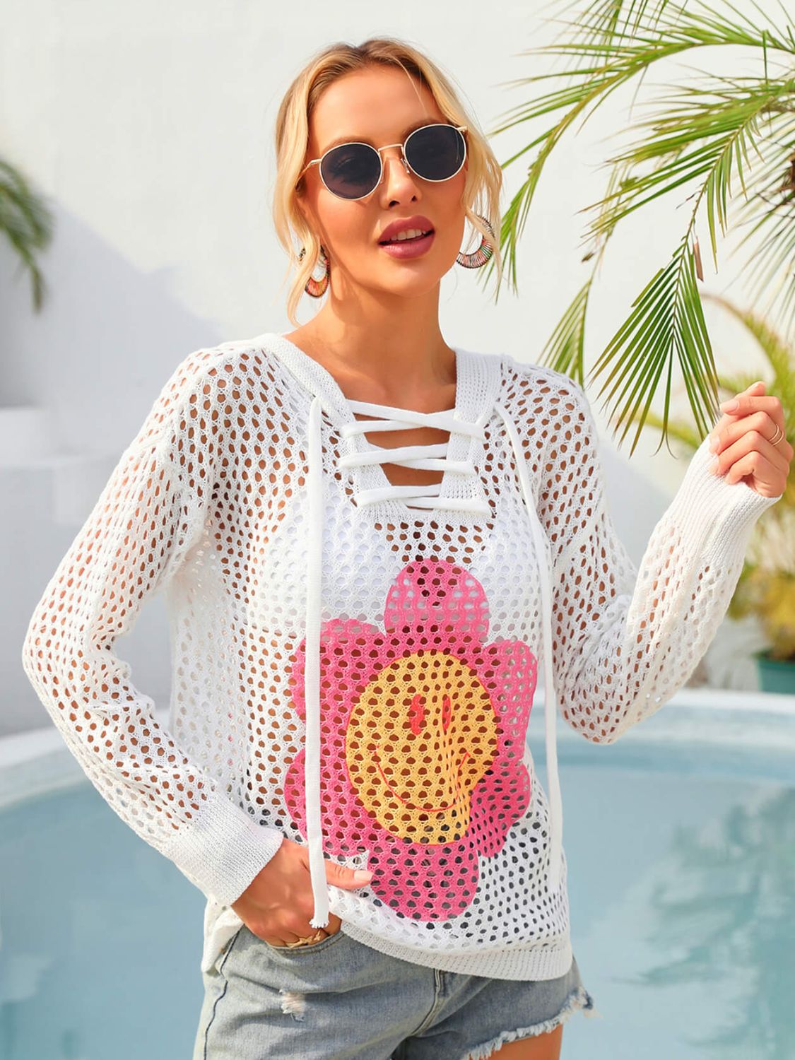 Flower Graphic Lace-Up Openwork Hooded Cover Up (TB11D) T - Deals DejaVu