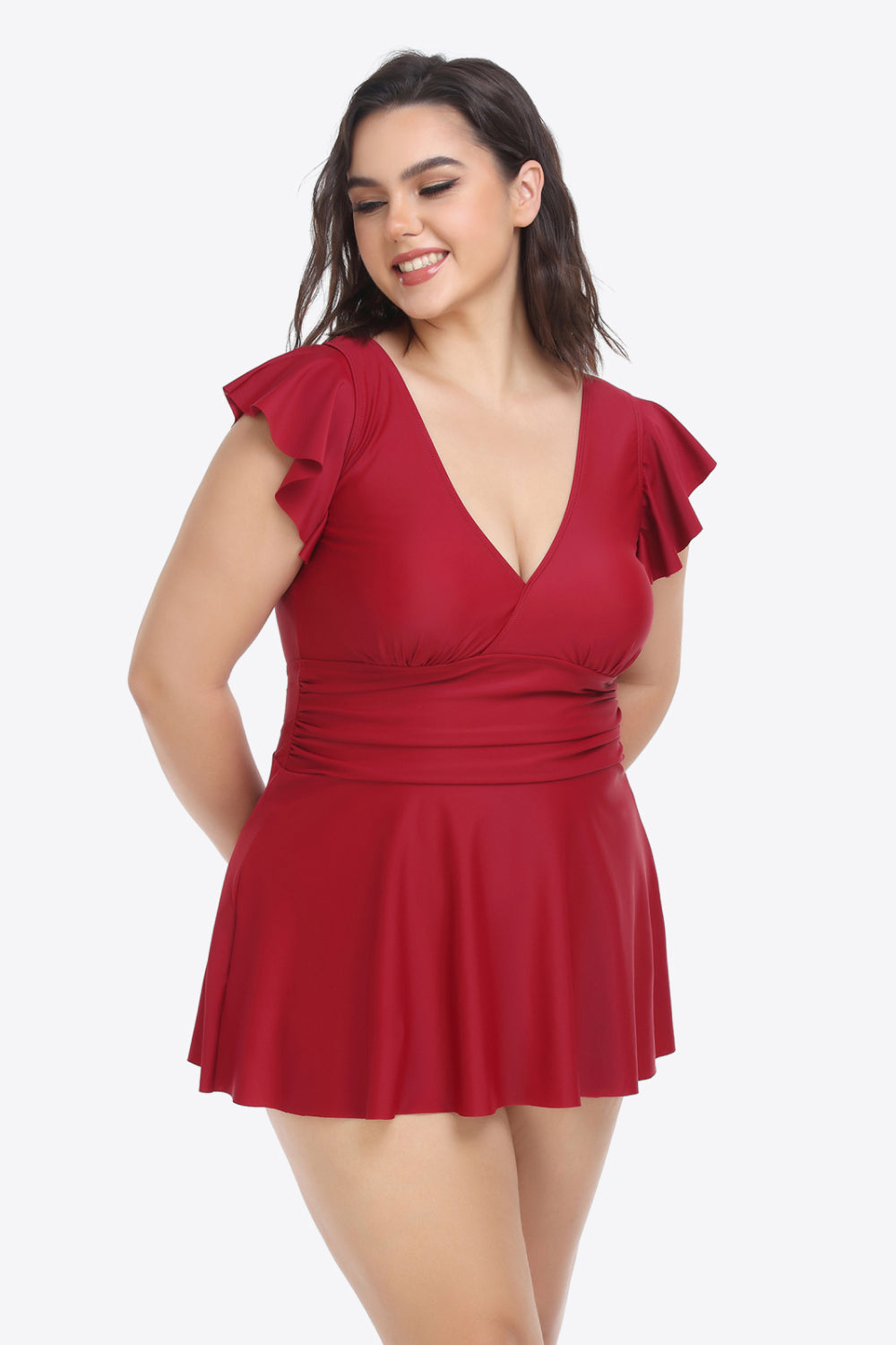 Plus Size Ruffled Plunge Swim Dress and Bottoms Set (TB13D) T