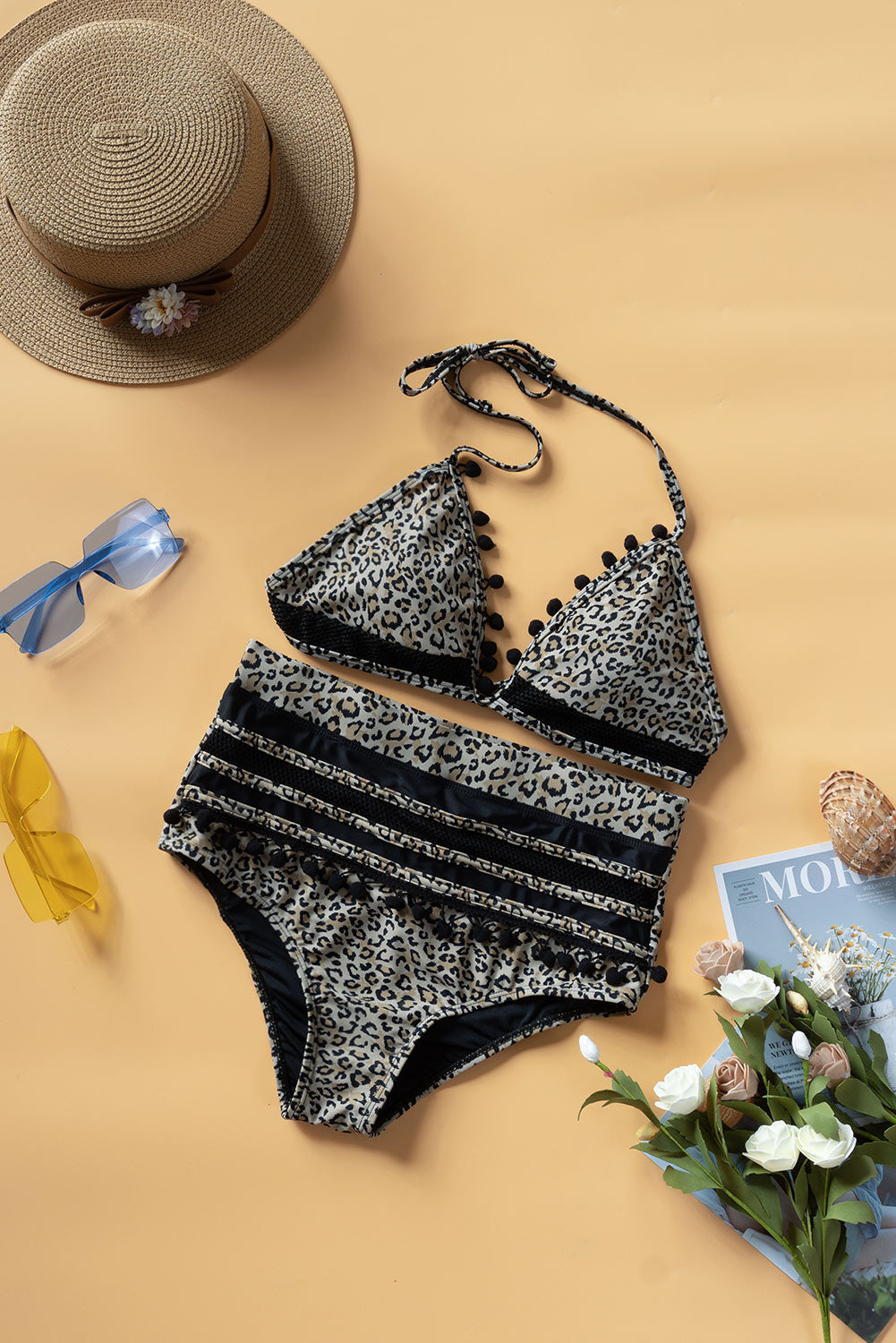 Printed Pompom Detail Halter Neck Two-Piece Bikini Set (TB9D) T