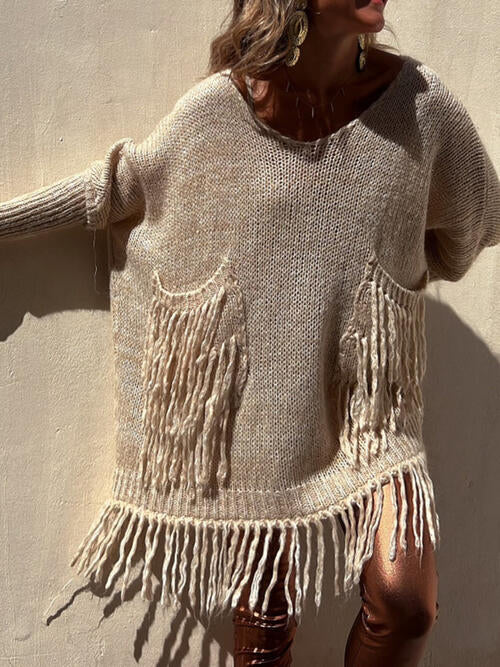 Fringe Detail Long Sleeve Sweater with Pockets - Deals DejaVu