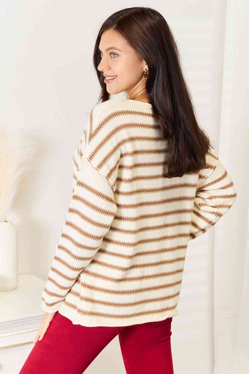 Double Take Striped Boat Neck Sweater - Deals DejaVu