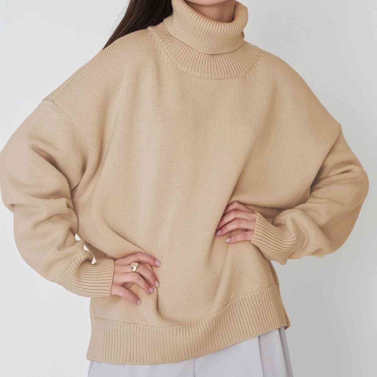 Turtle Neck Dropped Shoulder Sweater - Deals DejaVu