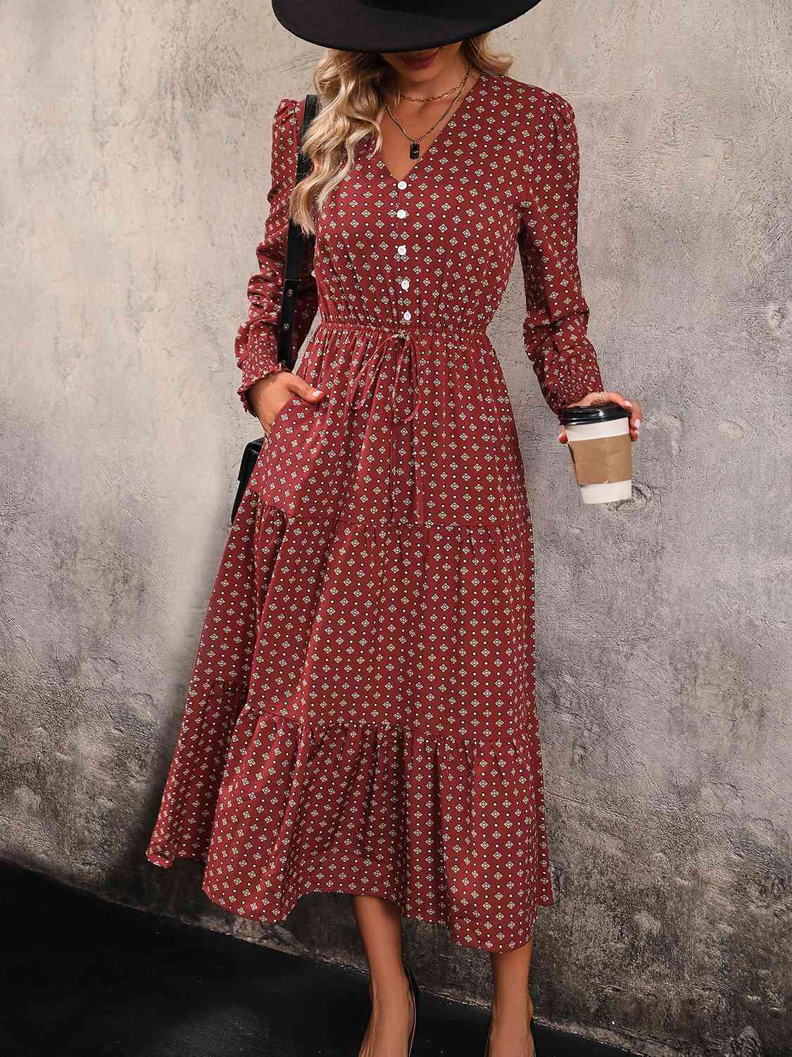 Printed Tiered V-Neck Buttoned Midi Dress (MWBT) T - Deals DejaVu