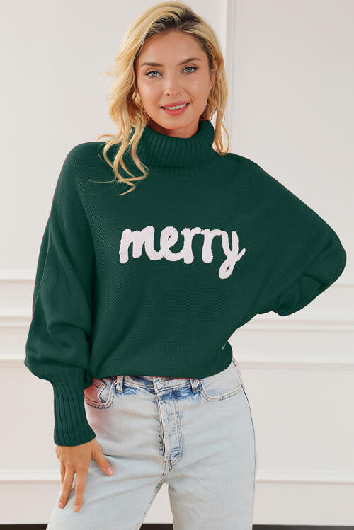 Merry Letter Embroidered High Neck Sweater - Deals DejaVu