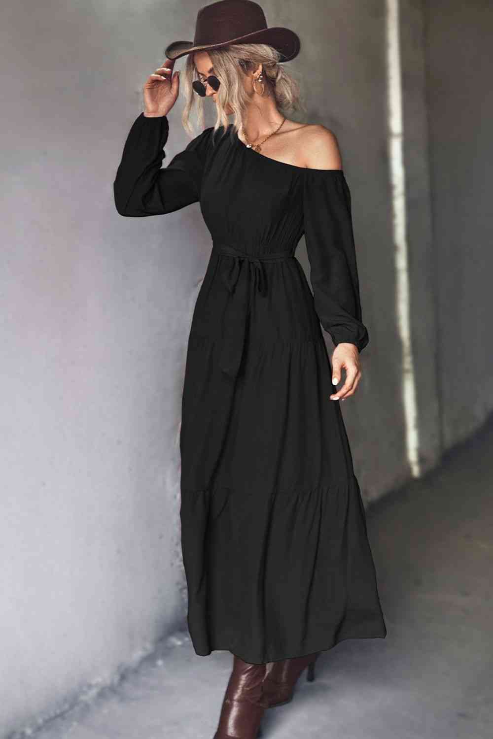 Belted One-Shoulder Tiered Maxi Dress (BWMT) T - Deals DejaVu