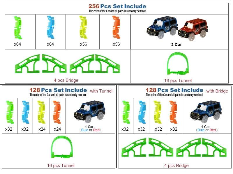 Amazing Glowing in the Dark Racing Car Track Set - Bend Flexible Track LED Car Train Toys - Gift children kids 300/256/128/136/80/56 pcs (3X2)(D2)