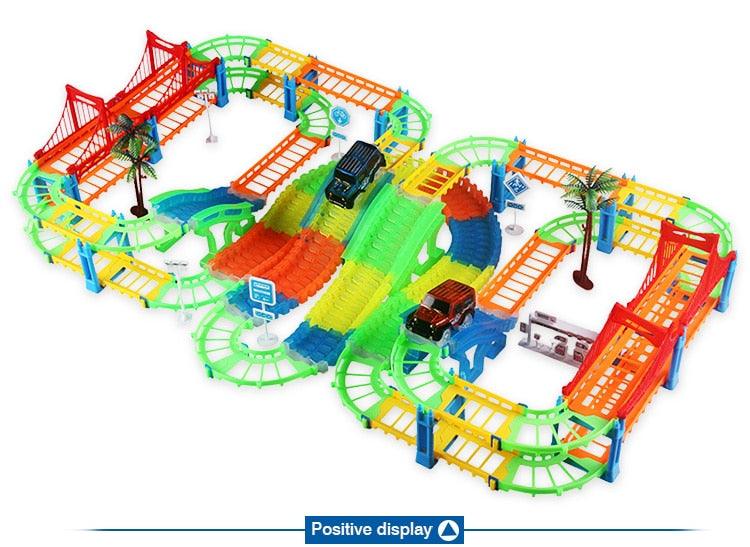 Great 2in1 Railway Track Car Set - Bend Flex Serpentine Technology Glow in The Dark Track LED Light Race Car Toys (F2)(3X2)
