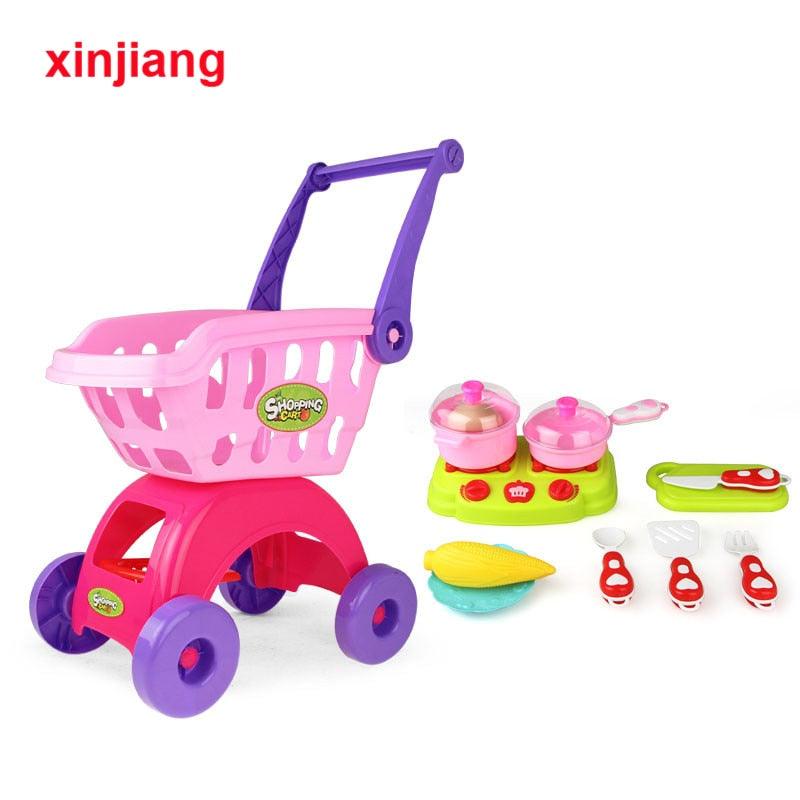 Kids Mini Supermarket Shopping Cart Play Set Toys - With Wheels Food Plates Cooker Vegetable Storage Trolley Play House - Girls Toys (1X3)