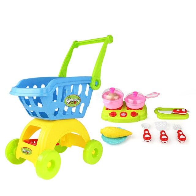 Kids Mini Supermarket Shopping Cart Play Set Toys - With Wheels Food Plates Cooker Vegetable Storage Trolley Play House - Girls Toys (1X3)