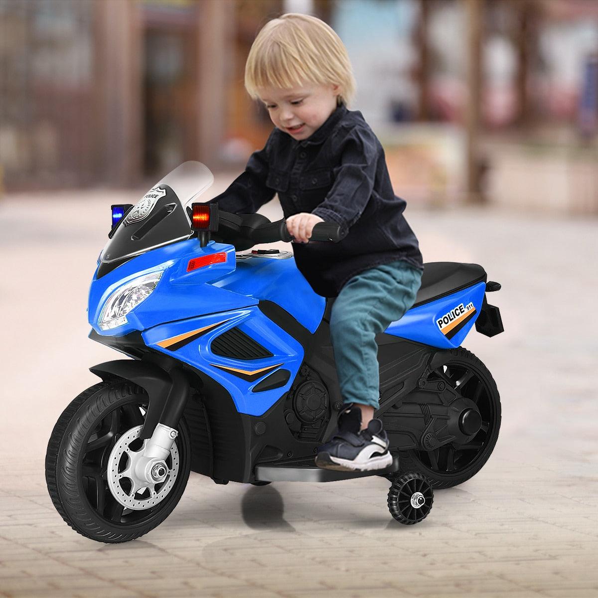 Amazing 6V Kids Ride On Police Motorcycle - 4-Wheel Electric Toy w/Training Wheels Blue (1U2)(9X1)