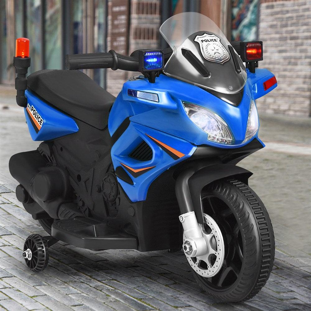 Amazing 6V Kids Ride On Police Motorcycle - 4-Wheel Electric Toy w/Training Wheels Blue (1U2)(9X1)