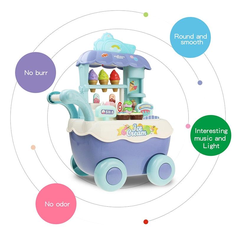 Children Role Play Toys - Kitchen Ice Cream Shopping Cart - With Light and Music - Education Toy Girls Boys Gift (D2)(1X3)