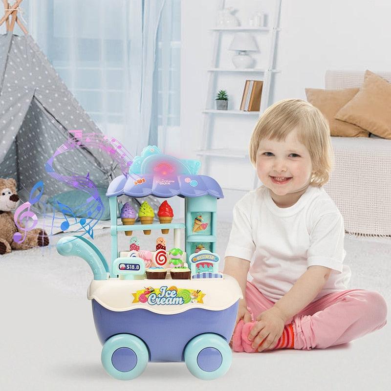 Children Role Play Toys - Kitchen Ice Cream Shopping Cart - With Light and Music - Education Toy Girls Boys Gift (D2)(1X3)