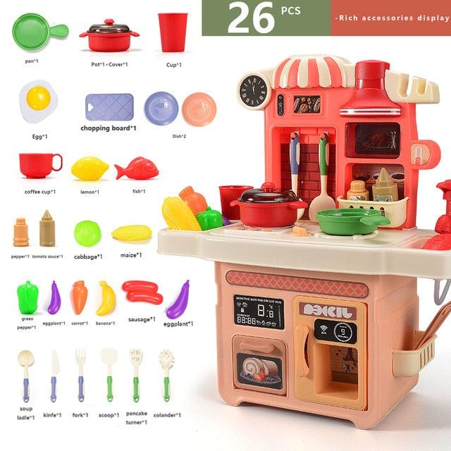 Beautiful 27Pcs Kids Pretend Play Cooking Table Set - Spray Water Dinnerware Simulation Kitchen Toys - With Sounds & Lights For Girls & Boys (1X3)