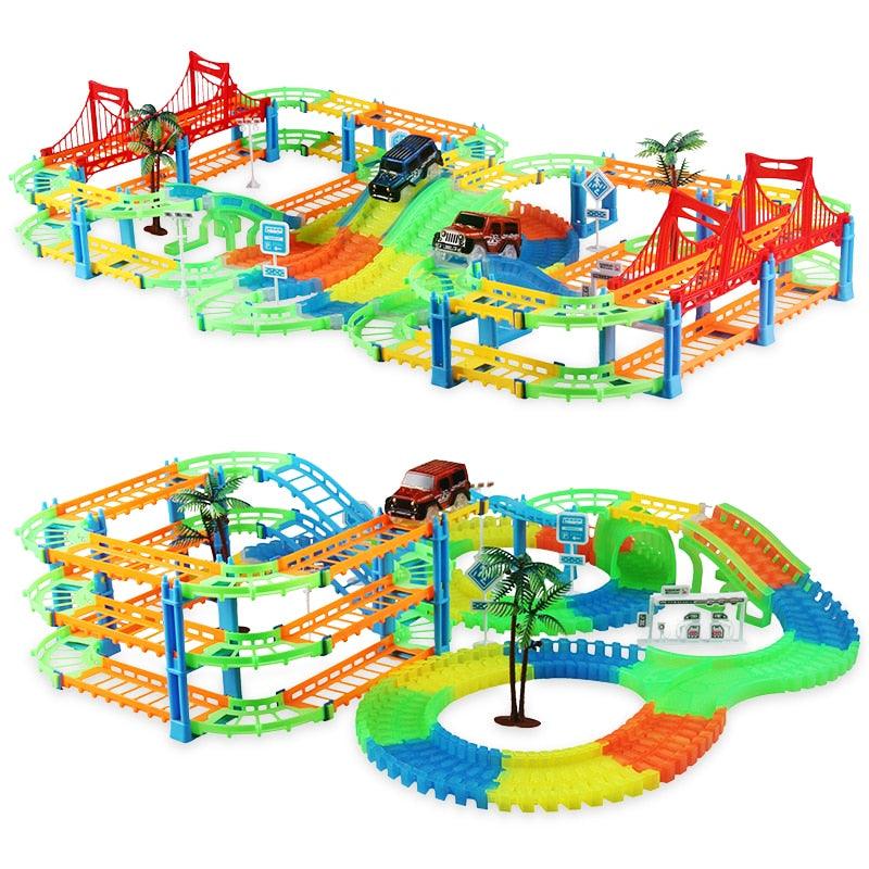 Great 2in1 Railway Track Car Set - Bend Flex Serpentine Technology Glow in The Dark Track LED Light Race Car Toys (F2)(3X2)