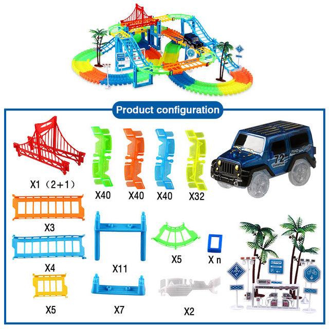 Great 2in1 Railway Track Car Set - Bend Flex Serpentine Technology Glow in The Dark Track LED Light Race Car Toys (F2)(3X2)