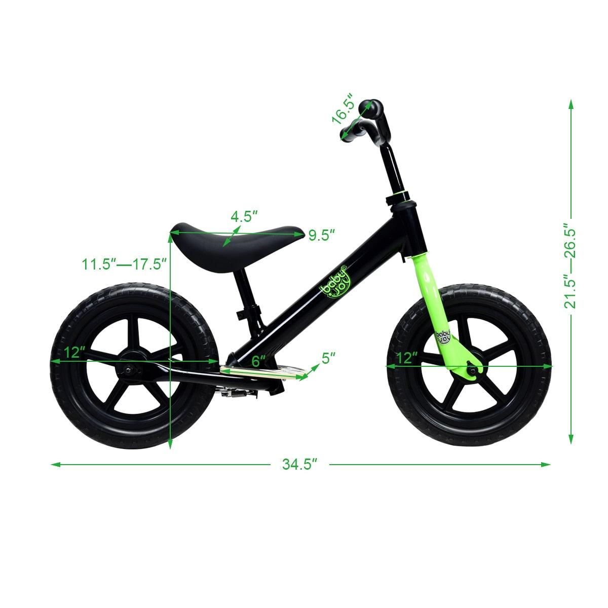Unique 12” Kids Balance Bike No Pedal Child Training Bicycle w/ Adjustable Seat Black (1U2)(9X1)