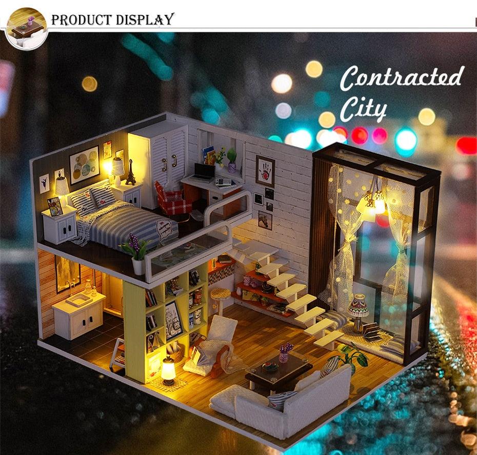 Amazing Wooden Miniatures Doll Houses - Furniture Kit With LED Baby Kid - Assemble Toys (4X2)(1X3)