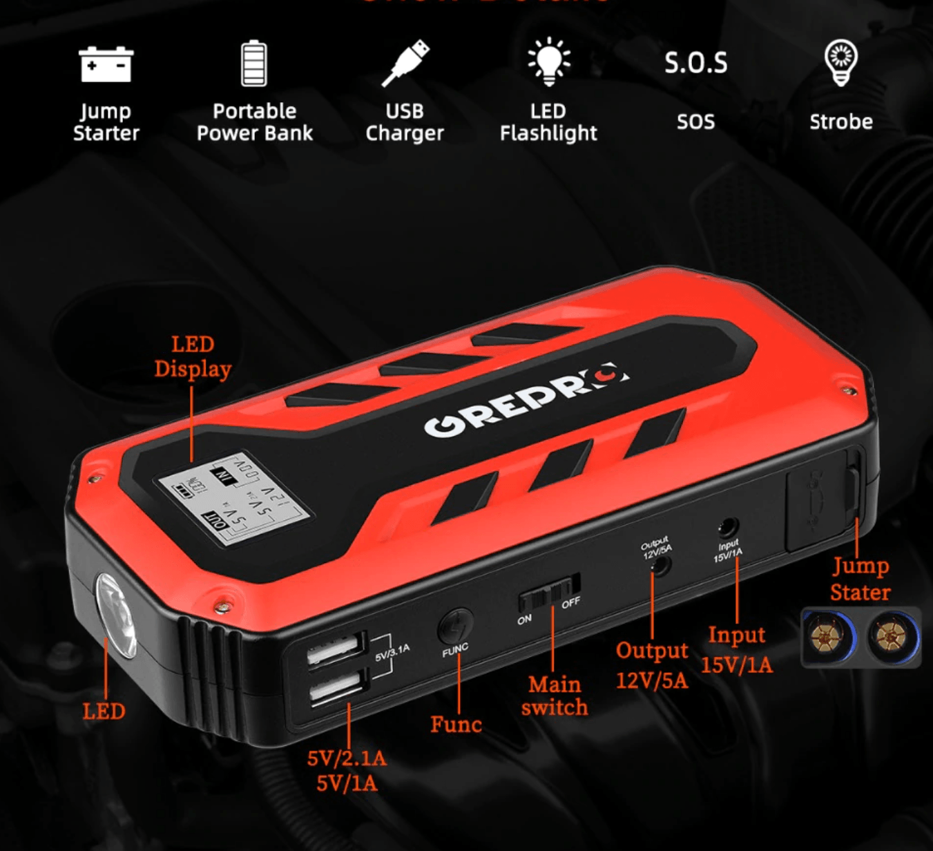 Car Jump Starter 1000A Car Buster 12V Vehicle Emergency Battery - Power Bank Powerful LED Light (D60)(CT6)(CT1)(1U60)