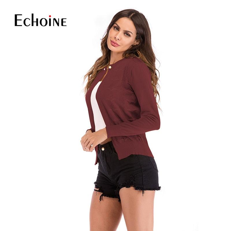 Amazing Quality Casual knitted Cardigan Sweater - Women New O Neck Spring Fall Solid Colors - Hollow Out Slim Sleeve Sweaters (1U23)(1U20)