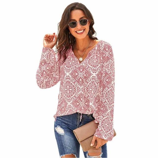 Quality Fashion Autumn Print Chiffon Top - New Deep V-neck Blouses - Long Sleeve - Plus Size Shirts (2U19)