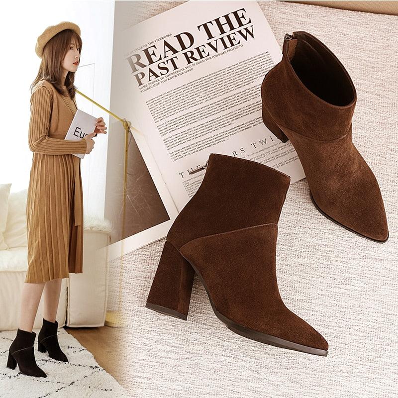 Gorgeous Women's Ankle Boots - Genuine Leather Pointed Toe - Side Zipper Winter (BB1)(BB2)(CD)(WO4)
