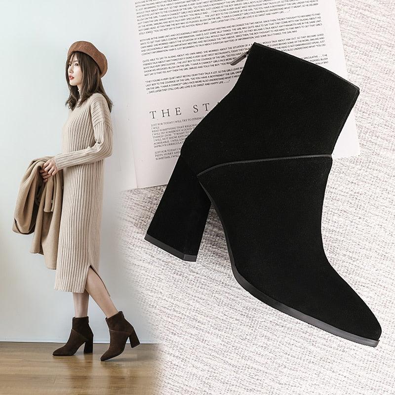 Gorgeous Women's Ankle Boots - Genuine Leather Pointed Toe - Side Zipper Winter (BB1)(BB2)(CD)(WO4)