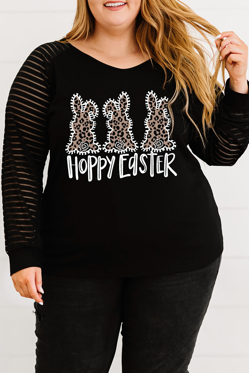 Plus Size HOPPY EASTER Sheer Striped Long Sleeve Top