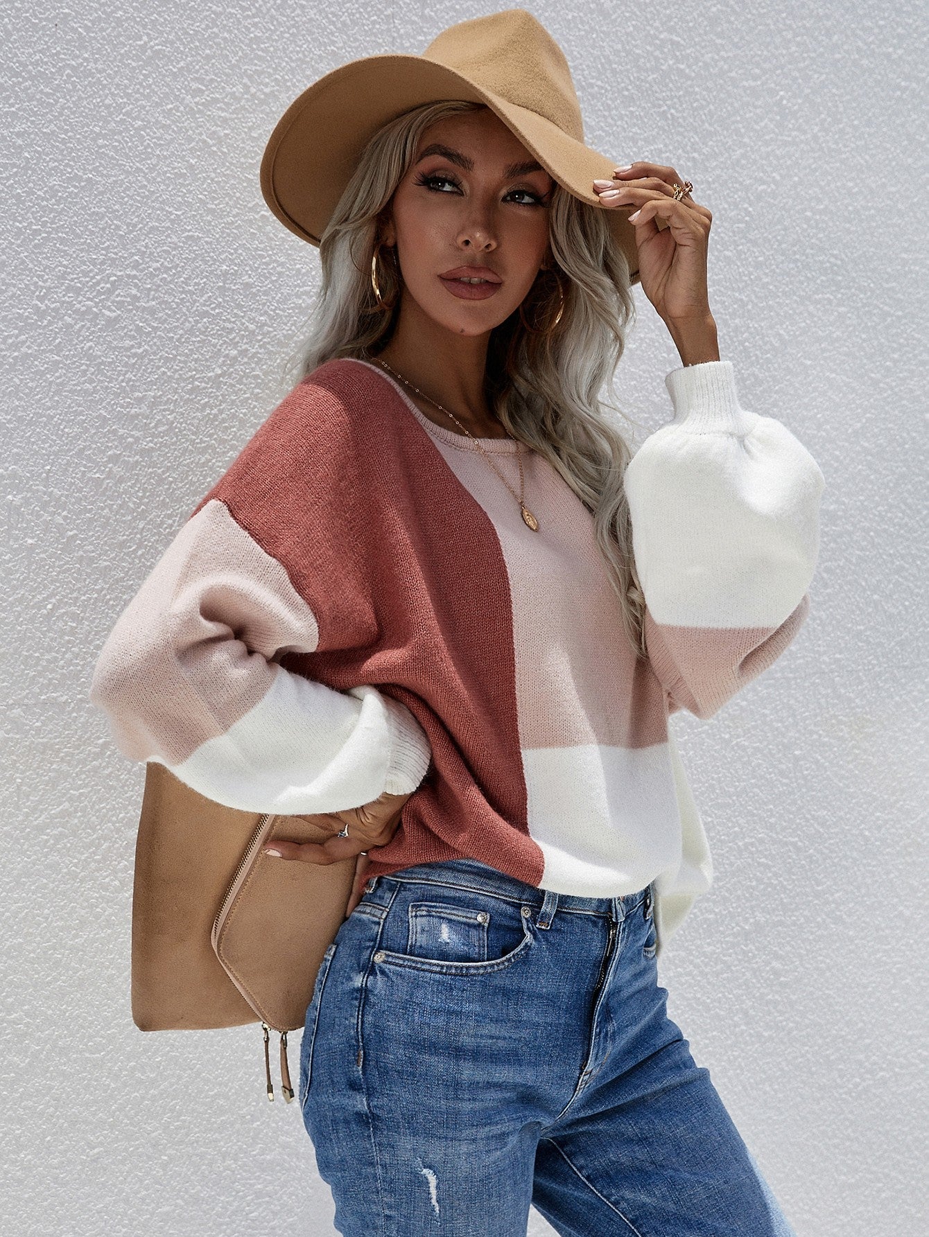 Color Block Tie-Back Dropped Shoulder Knit Pullover