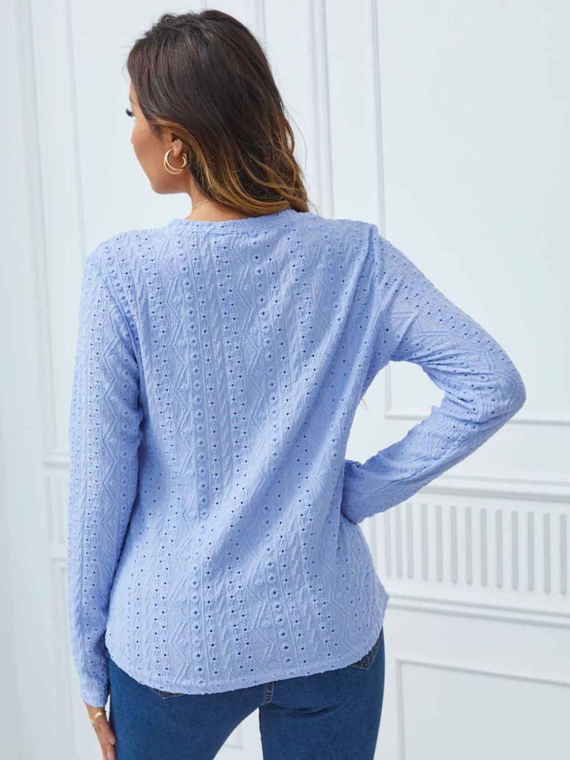 Eyelet Round Neck Long Sleeve Top