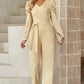 Belted Long Puff Sleeve V-Neck Jumpsuit