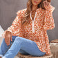 Floral Ruffled Flounce Sleeve Lace Trim Blouse