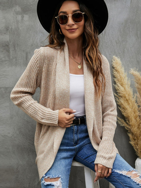 Shawl Collar Rib-Knit Open Front Cardigan