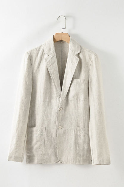 Buttoned Johnny Collar Long Sleeve Linen Blazer with Pockets