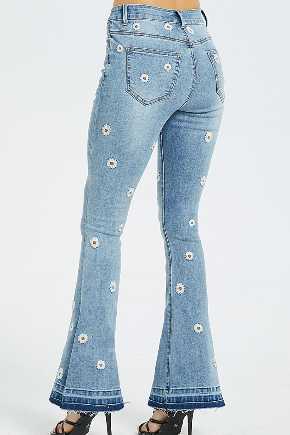 Full Size Embroidered Flare Leg Raw Hem Jeans