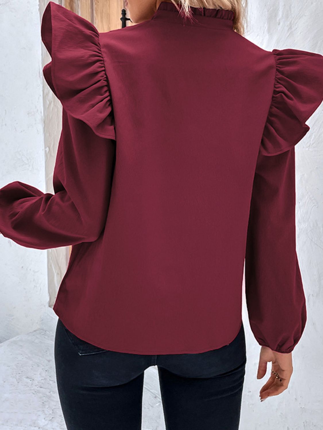 Decorative Button Notched Neck Ruffle Shoulder Blouse