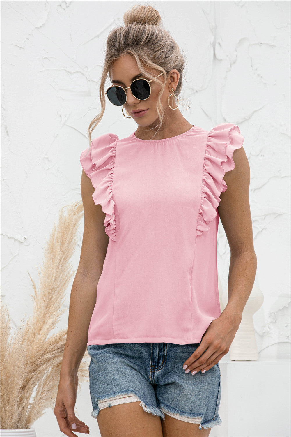Ruffle Shoulder Tie-Back Crewneck Top