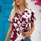 Floral Notched Neck Cuffed Blouse