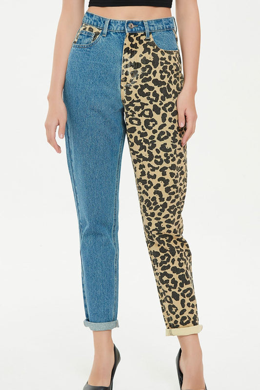 Full Size Leopard Two-Tone Jeans