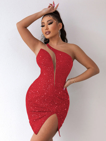 Sequin One-Shoulder Side Slit Bodycon Dress