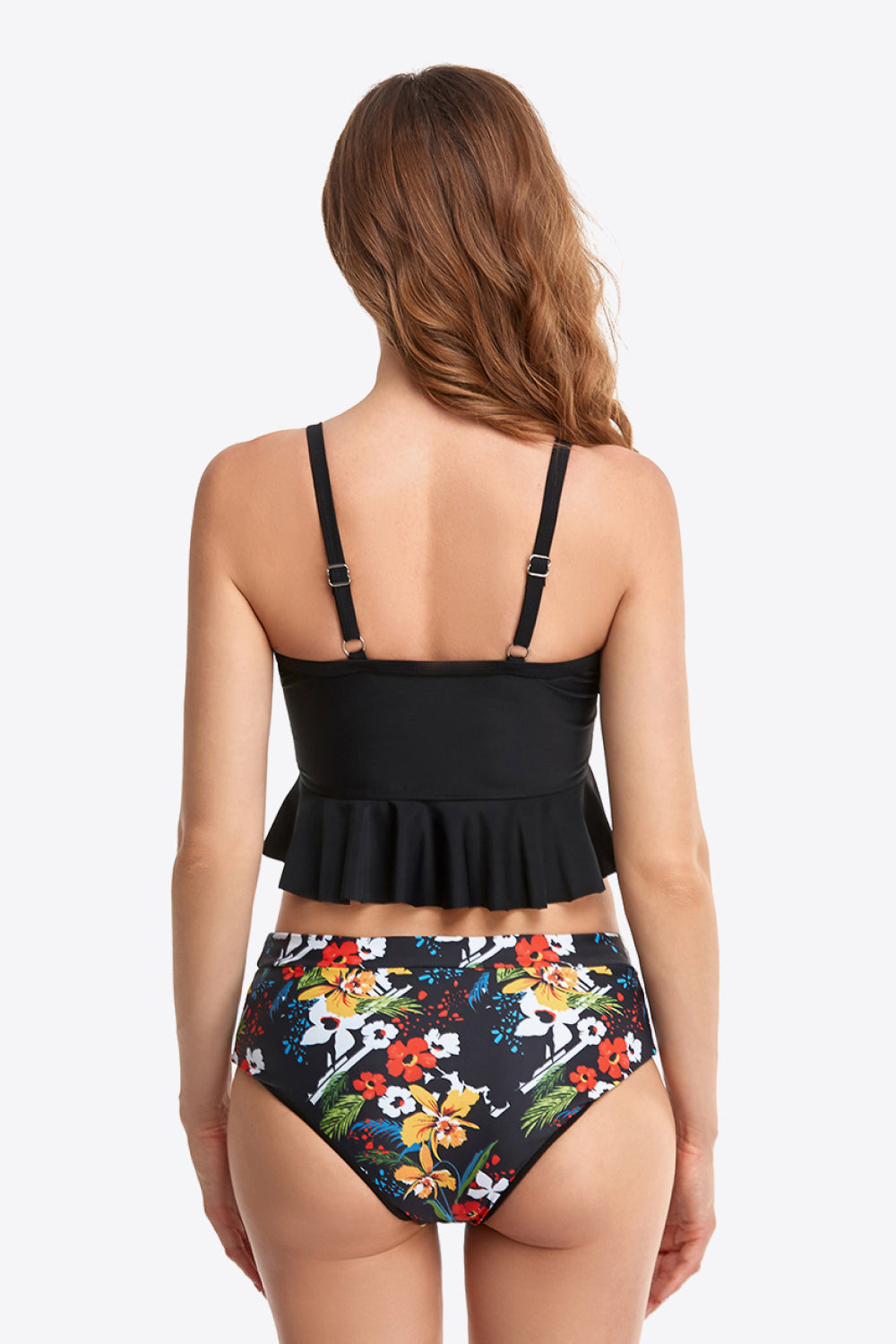 Printed Two-Tone Lace-Up Ruffled Two-Piece Swimsuit