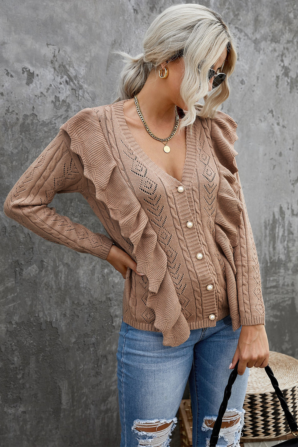 Button Front Ruffle Trim V-Neck Cardigan