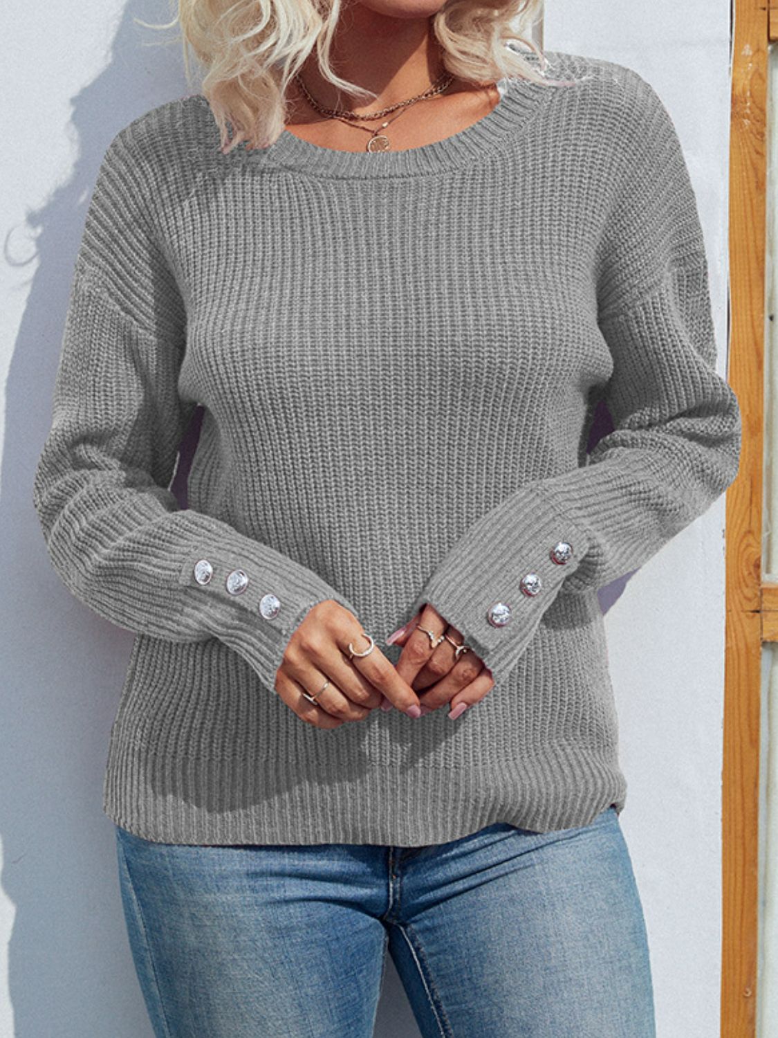 Button Detail Dropped Shoulder Rib-Knit Sweater