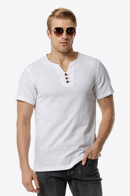 Buttoned Notched Neck Short Sleeve Tee
