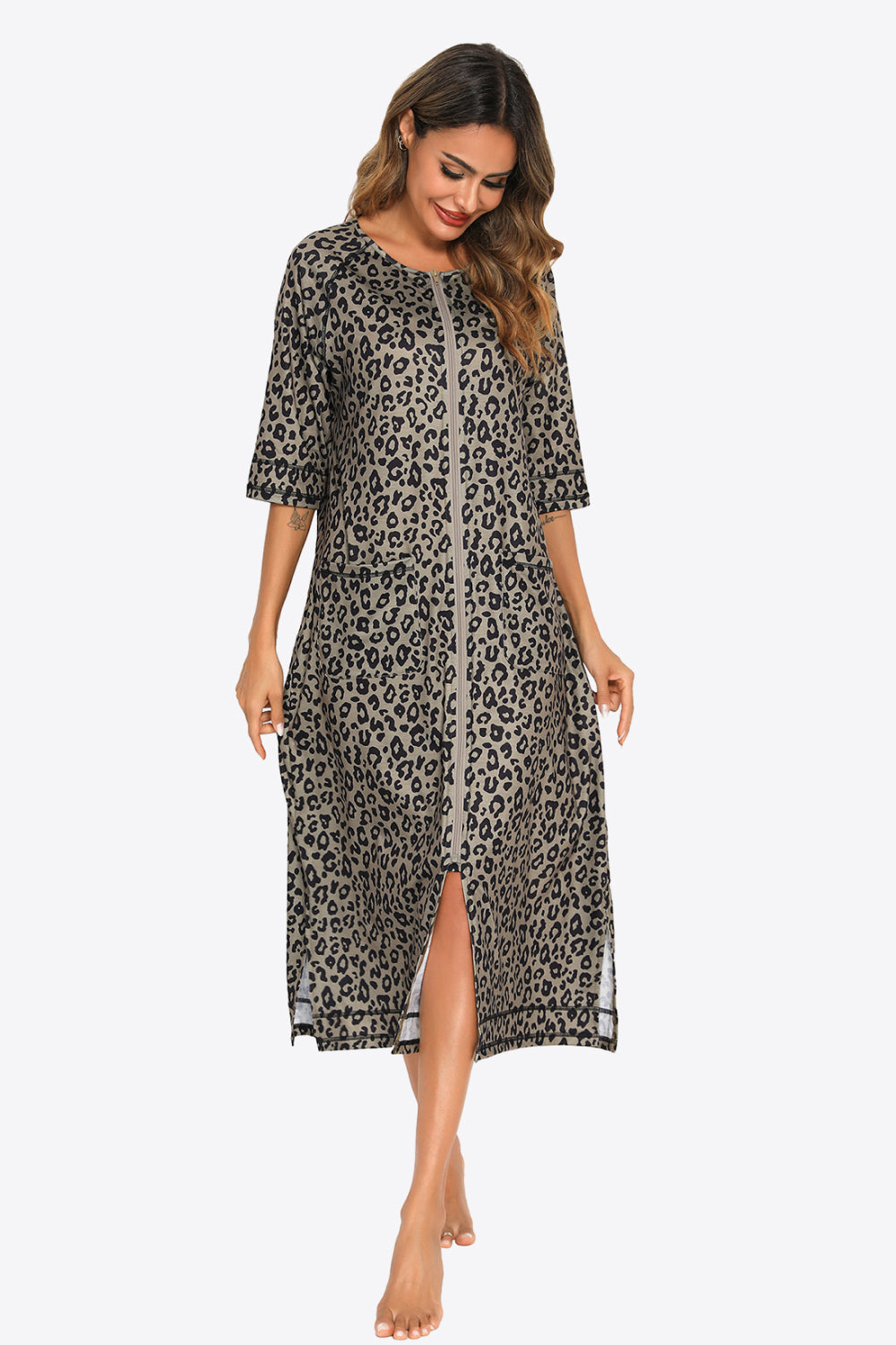 Zip Up Slit Night Dress with Pockets