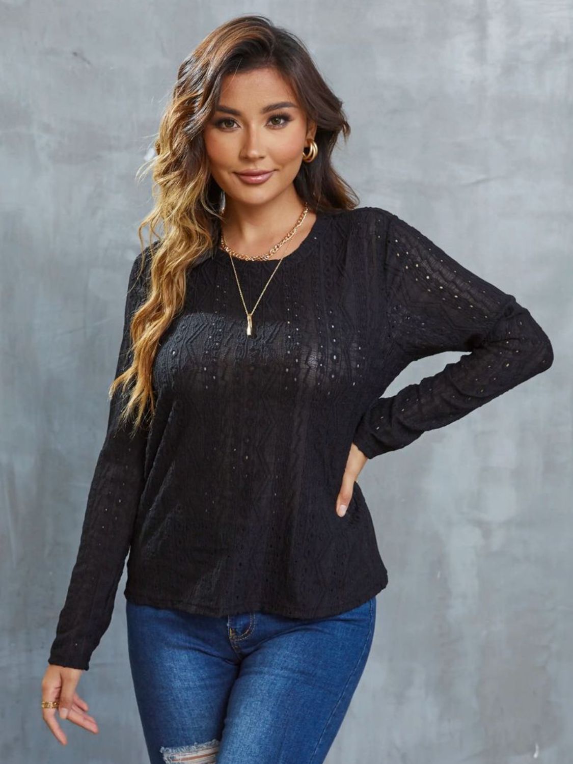 Eyelet Round Neck Long Sleeve Top
