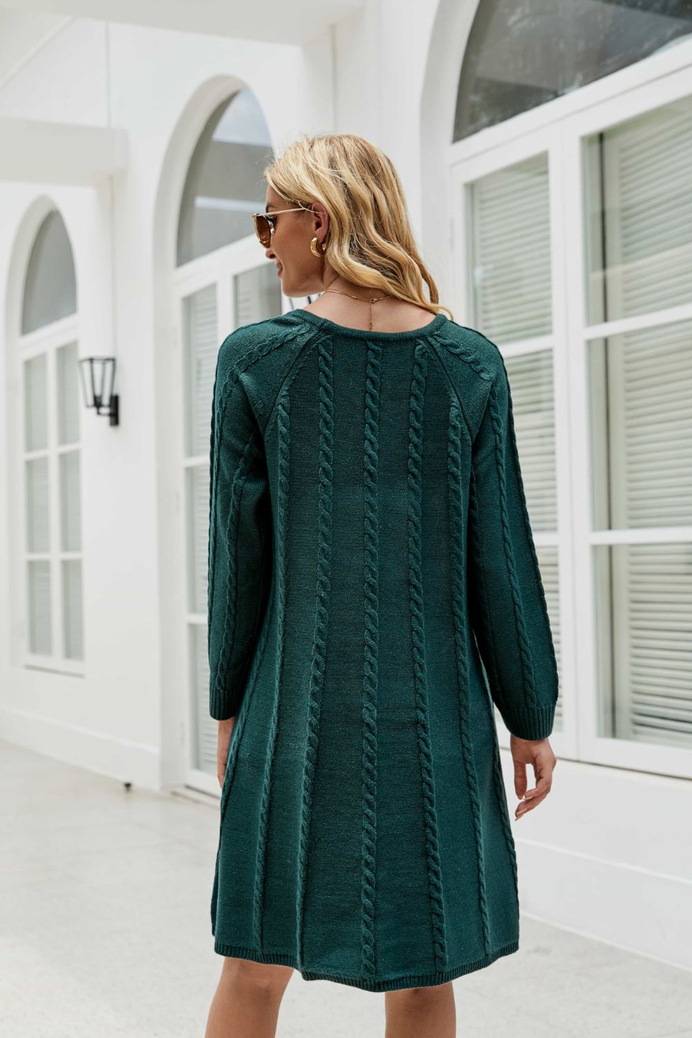 Cable-Knit Raglan Sleeve Round Neck Sweater Dress