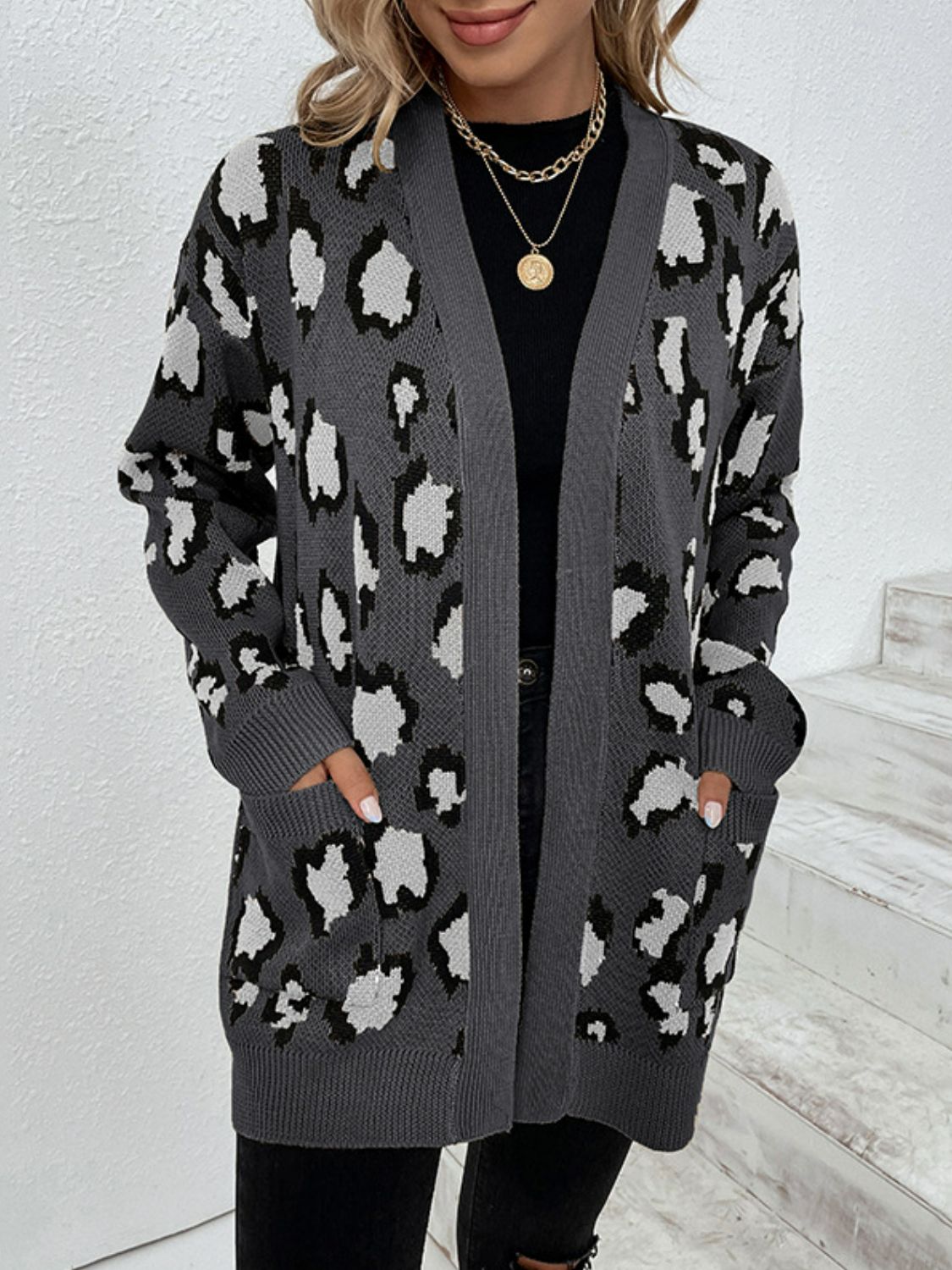 Leopard Print Ribbed Trim Dropped Shoulder Longline Cardigan