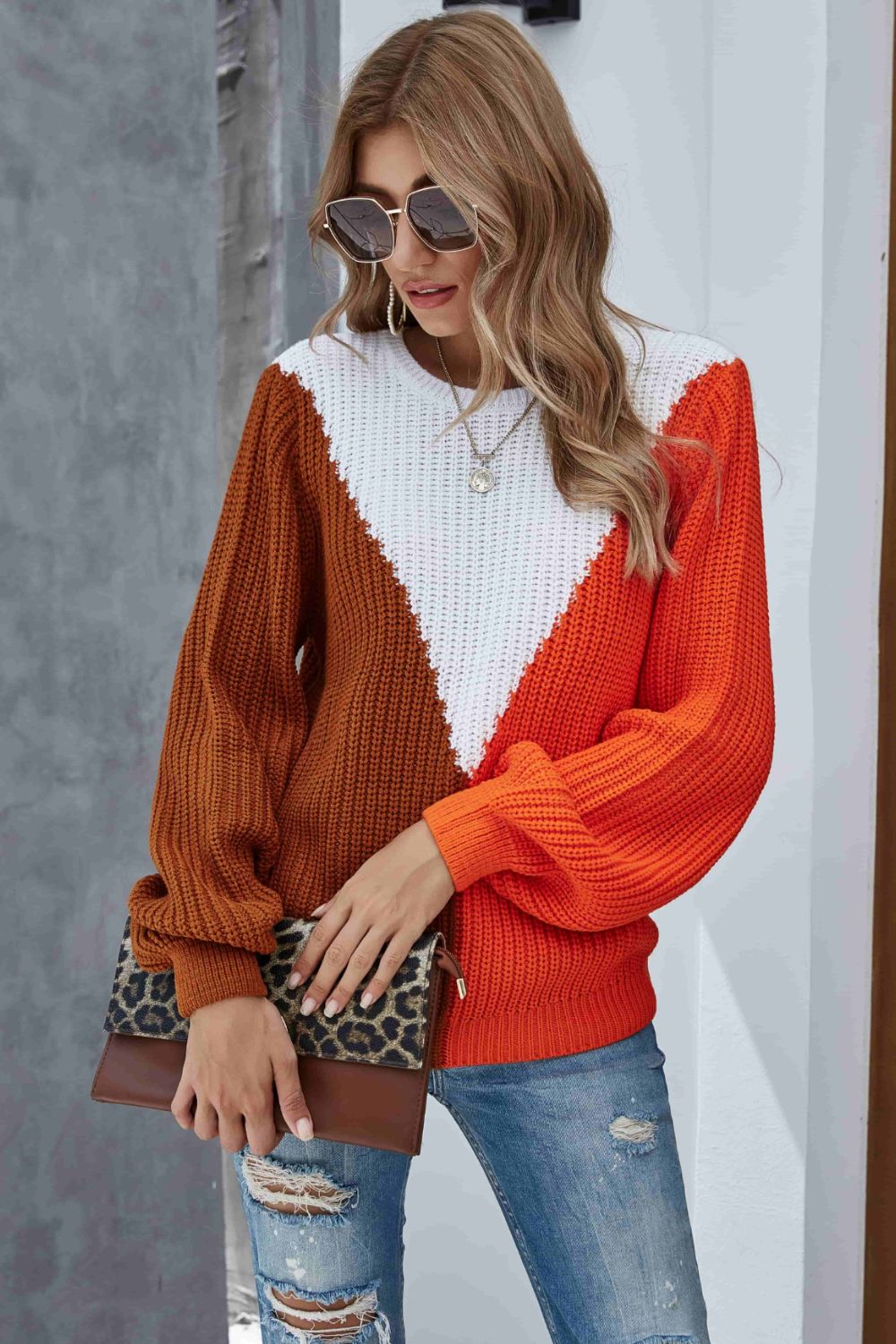 Color Block Rib-Knit Round Neck Knit Pullover